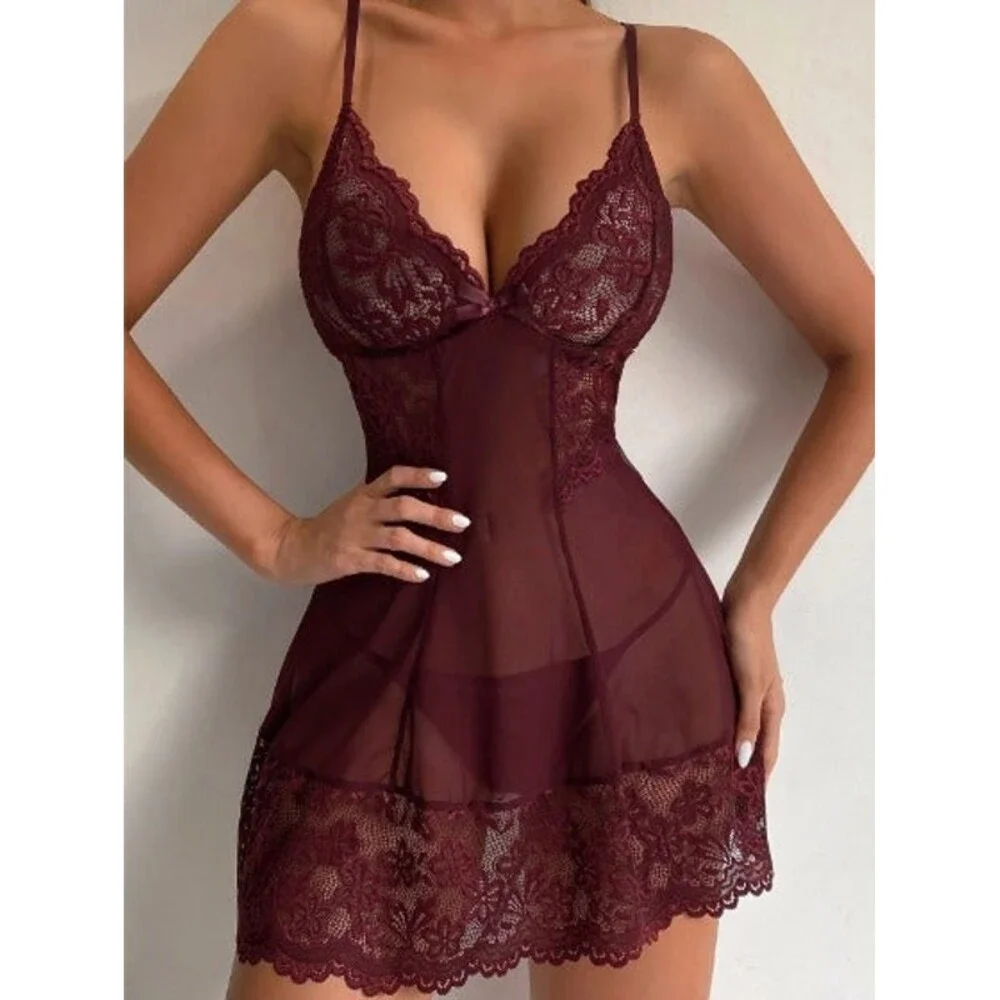 XXL Burgundy Red Floral Lace Scallop Trim Babydoll With Thong